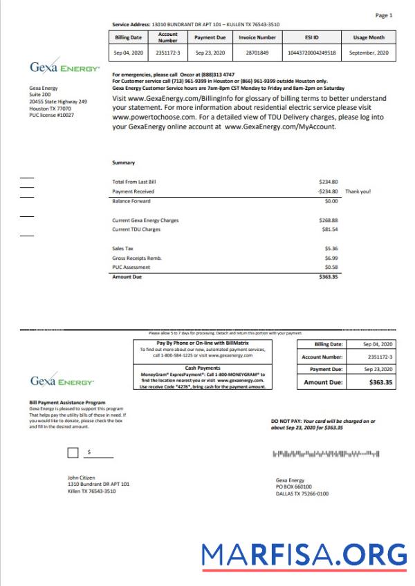 Printable USA Texas Gexa Energy utility bill template in Word format